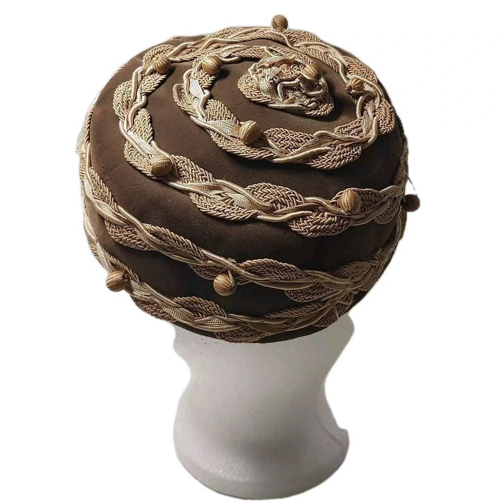 Vintage Amy New York Hat Brown Velvet Pill Box with Intricate‎ Ribbon Marshall